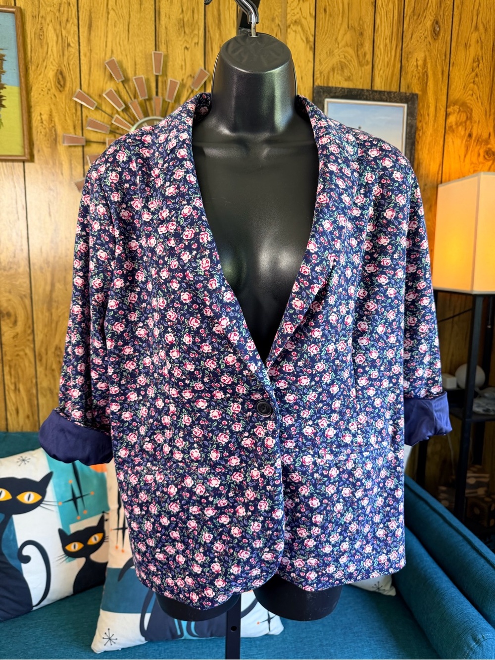 LC Lauren Conrad Navy Floral Single-Button Blazer with Pink Accents - Picture 4 of 9